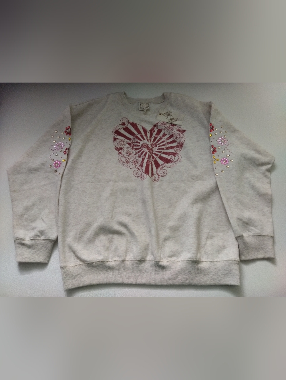 Tru Self Women’s Cream Sweatshirt  Red Heart Graphic Embellished Sleeves New L